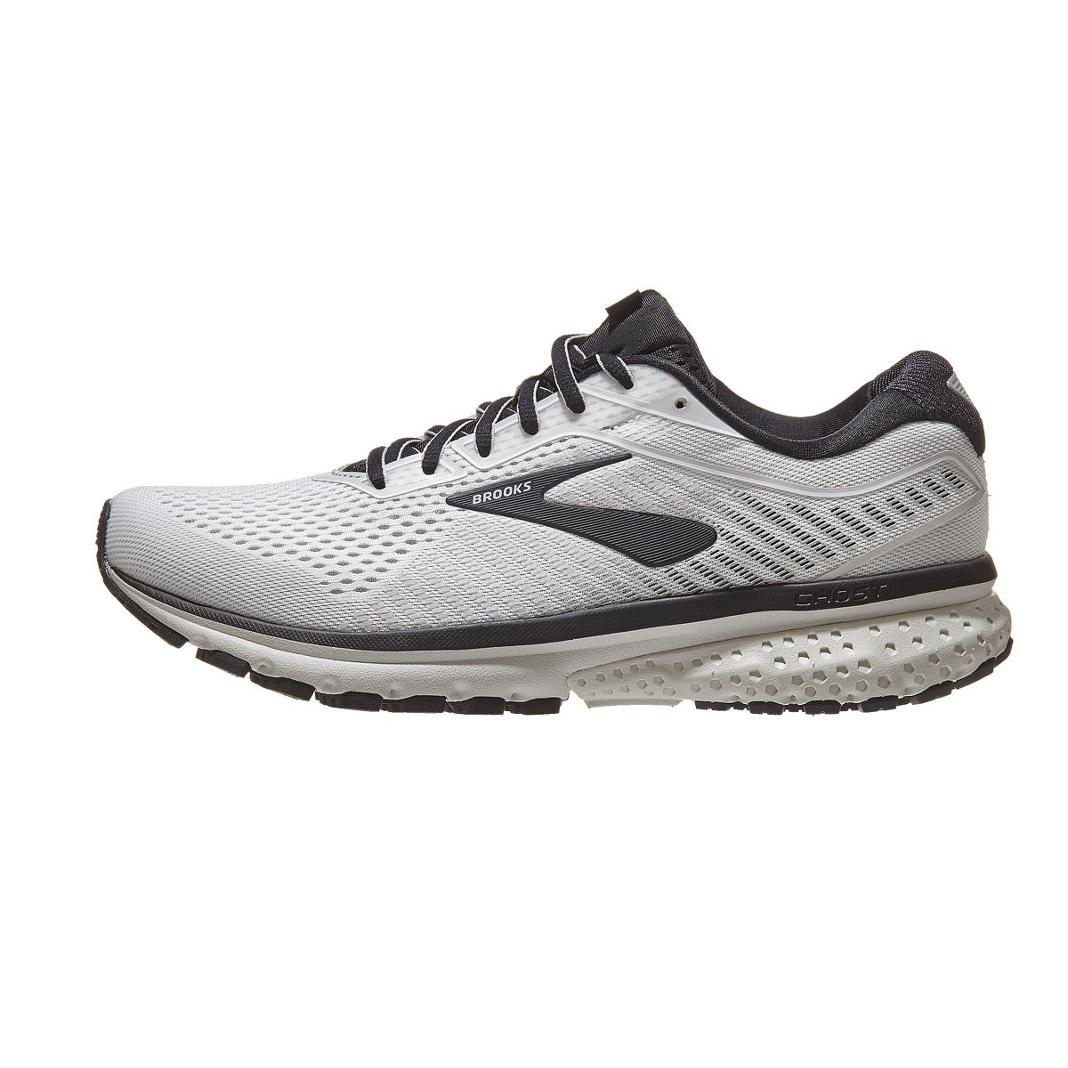 Brooks Ghost 12 Men's Shoes White/Grey/Black 360° View | Running Warehouse