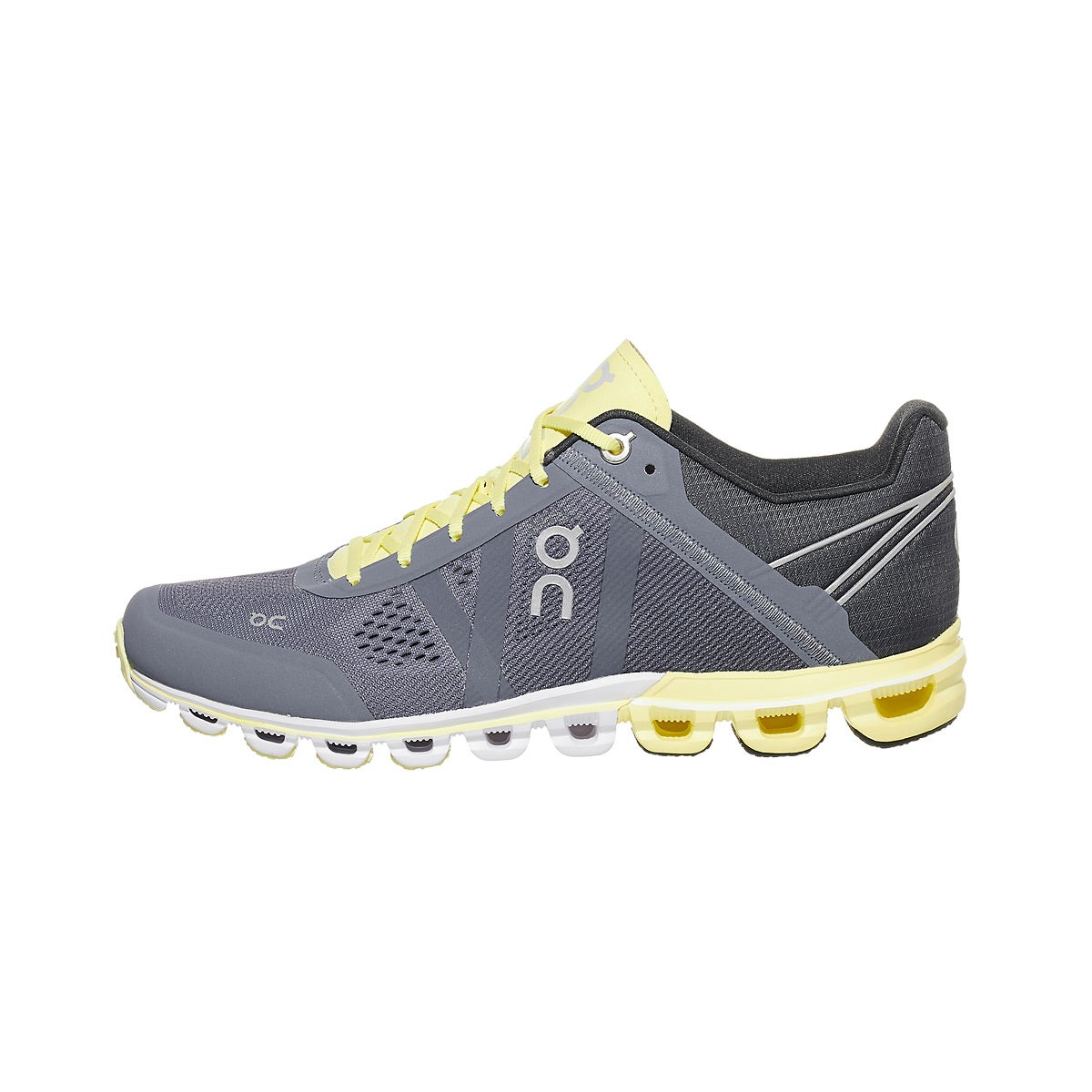 On Cloudflow Women's Shoes Smoke Limelight 360° View 