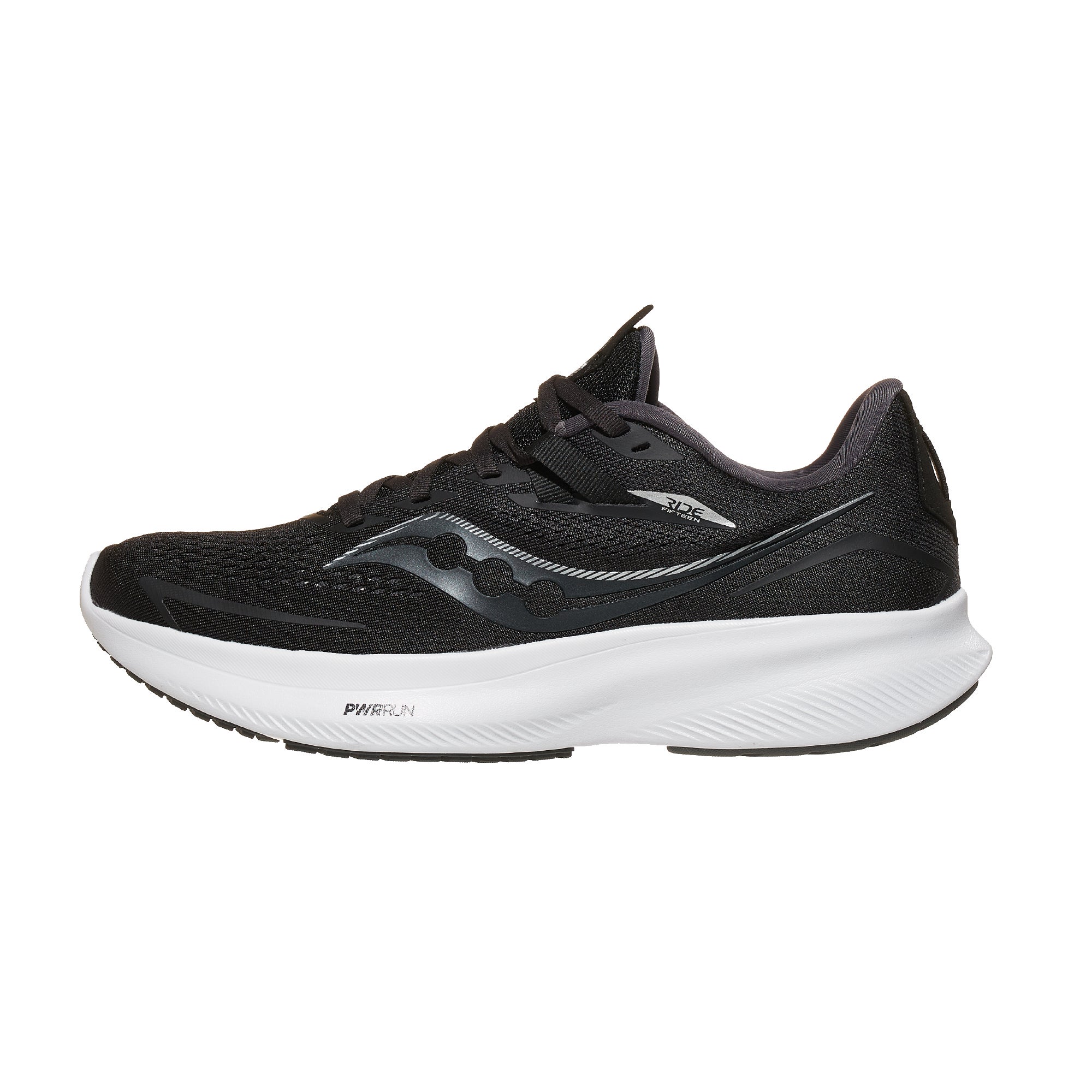 Saucony Ride 15 Men's Shoes Black/White 360° View | Running Warehouse
