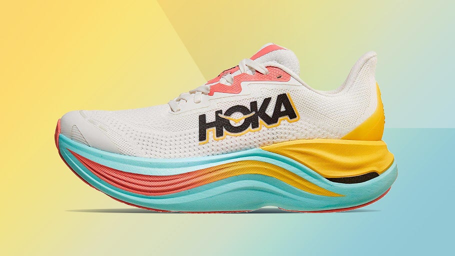 HOKA Skyward X shoe with a multi-colored background