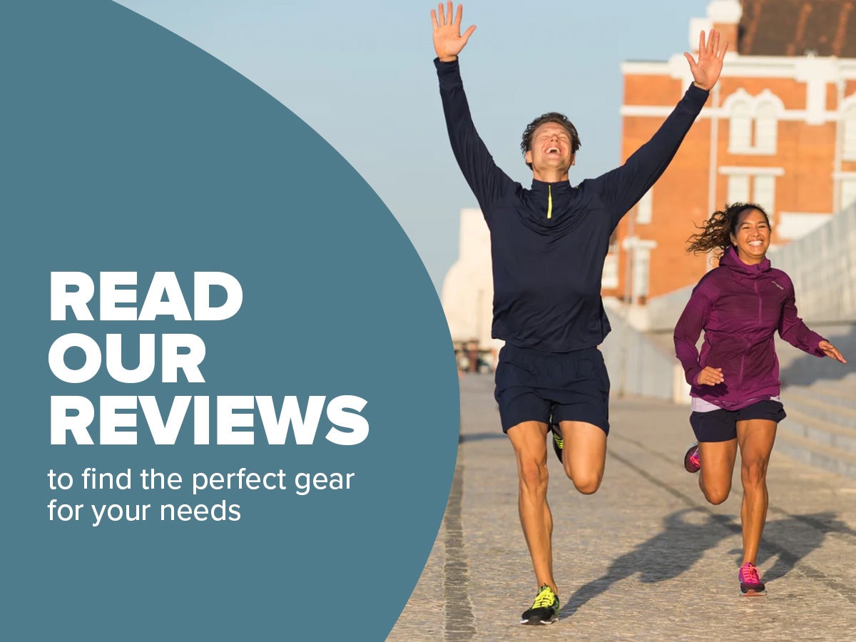 Image of 2 happy runners. Text reads: Read our reviews to find the perfect gear for your needs