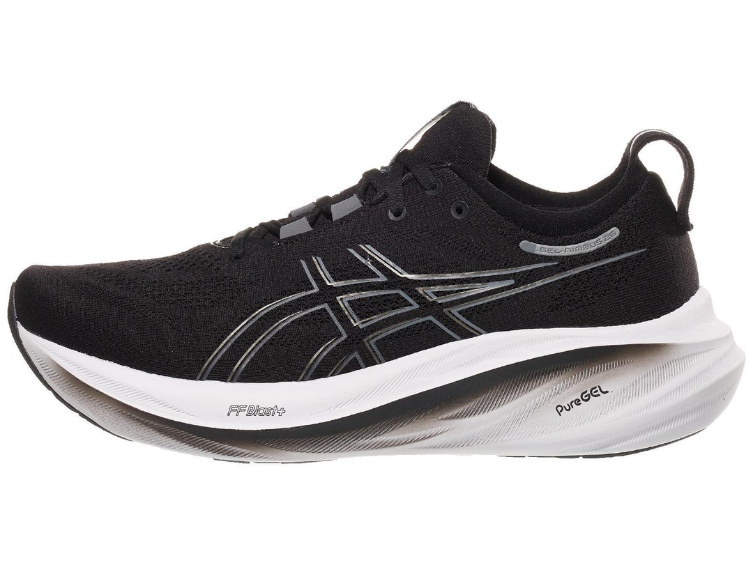 Side view of ASICS Nimbus shoe in black with white midsole and silver accent on logo