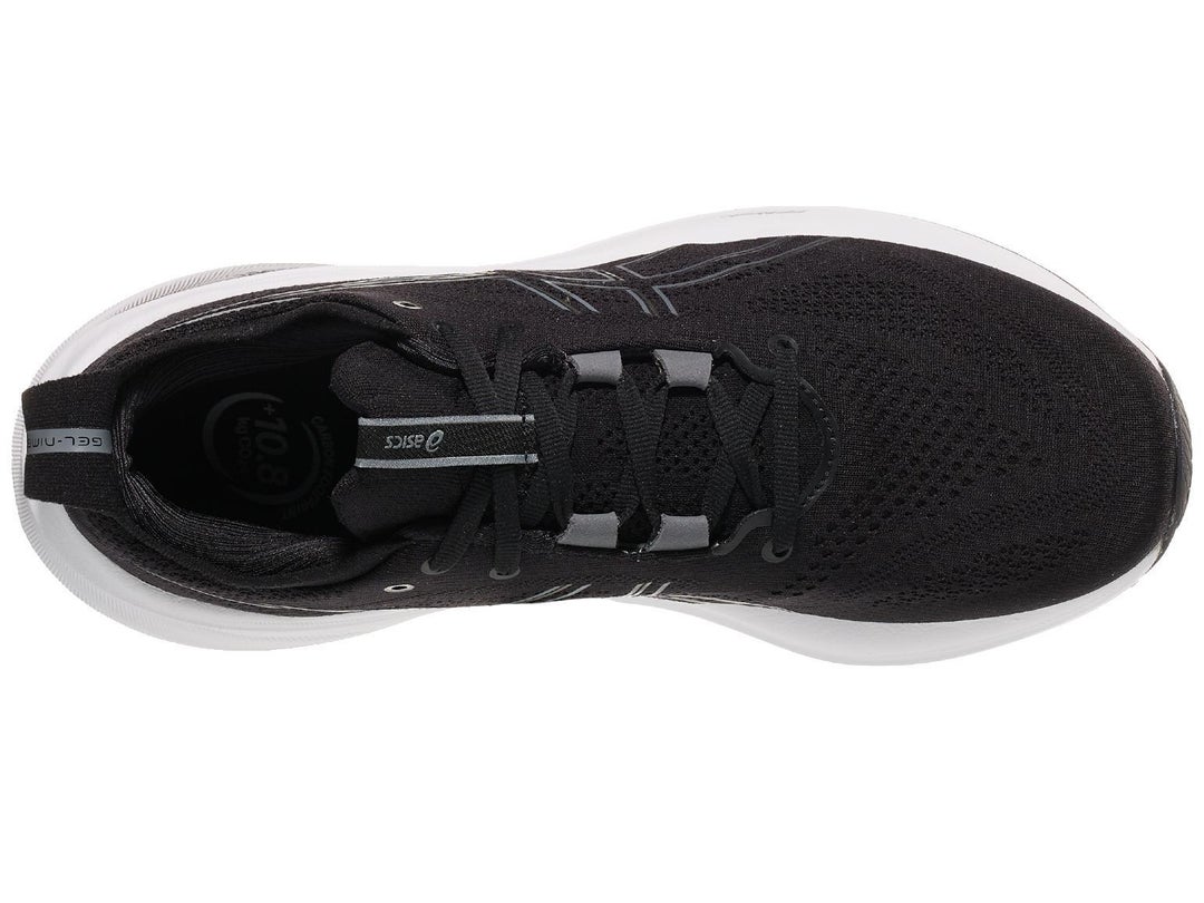 Top view of ASICS Nimbus shoe in black with white midsole and silver accent on logo