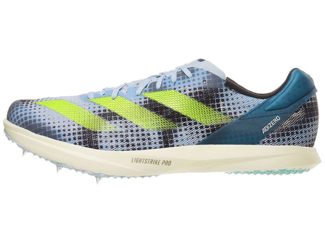 Lateral view of adidas adizero avanti TYO Super spike in blue with yellow logo