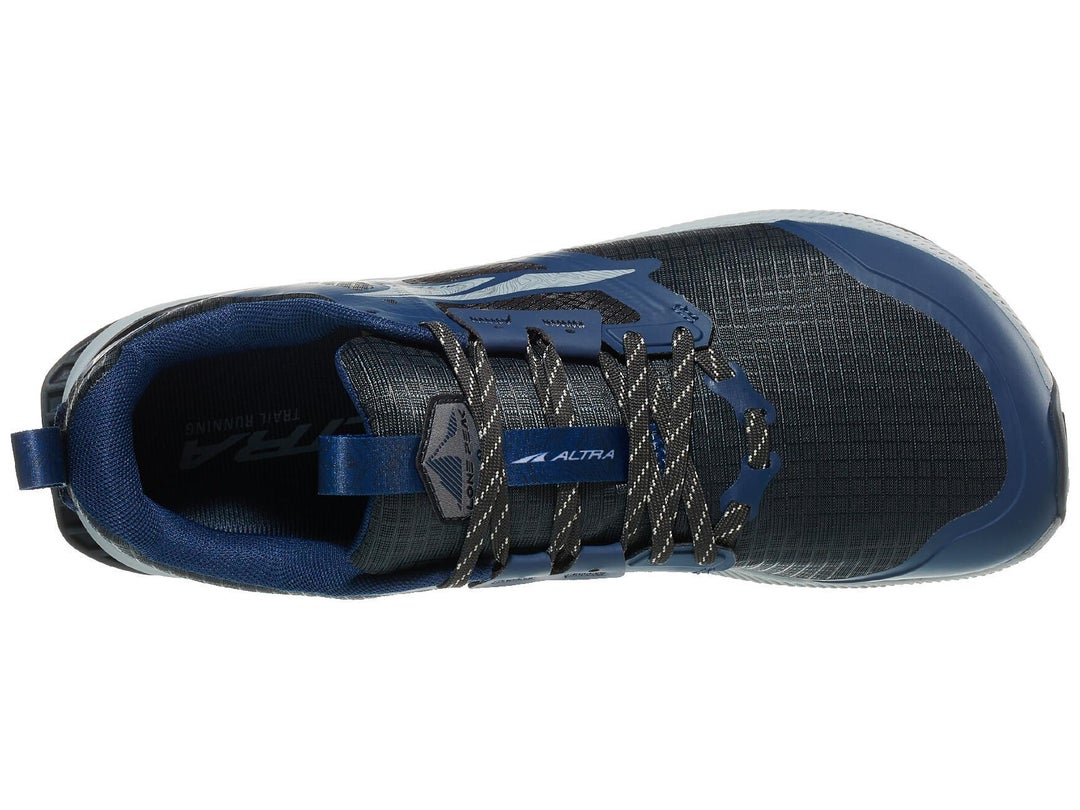 Altra Lone Peak shoe shown in top view, blue and black color