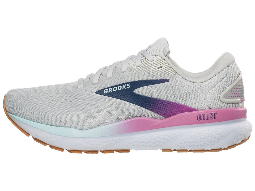 Side view of Brooks Ghost shoe in grey color with blue and purple accents