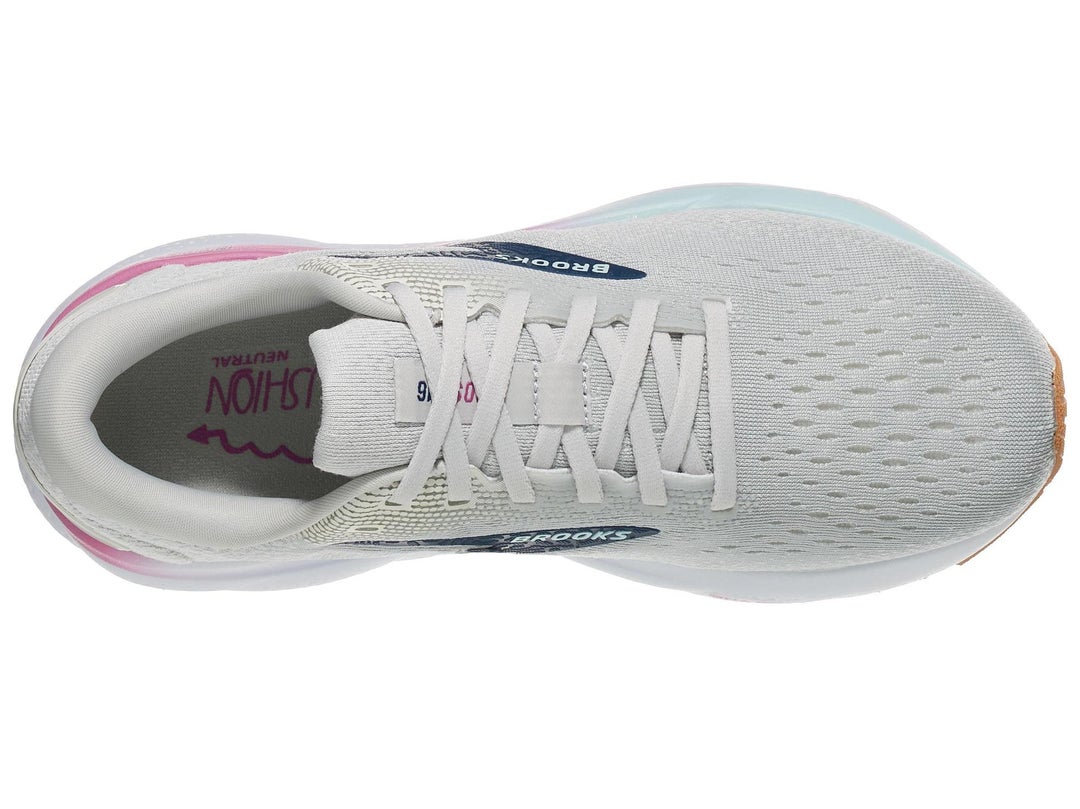 Top view of Brooks Ghost shoe in grey color with blue and purple accents