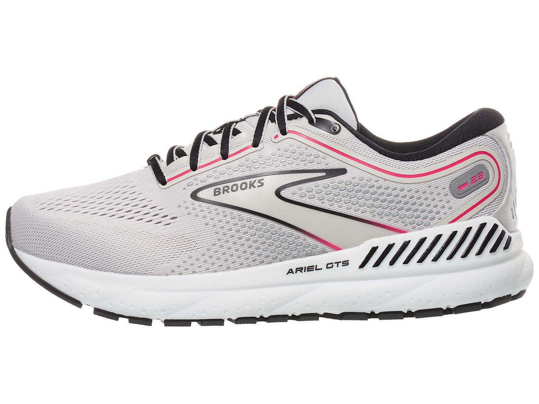Brooks Ariel shoe side view in light grey upper and black and pink accents
