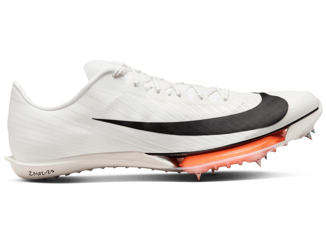 Side view of Nike Zoom Maxfly 2 in white with black swoosh and orange air zoom unit in midsole