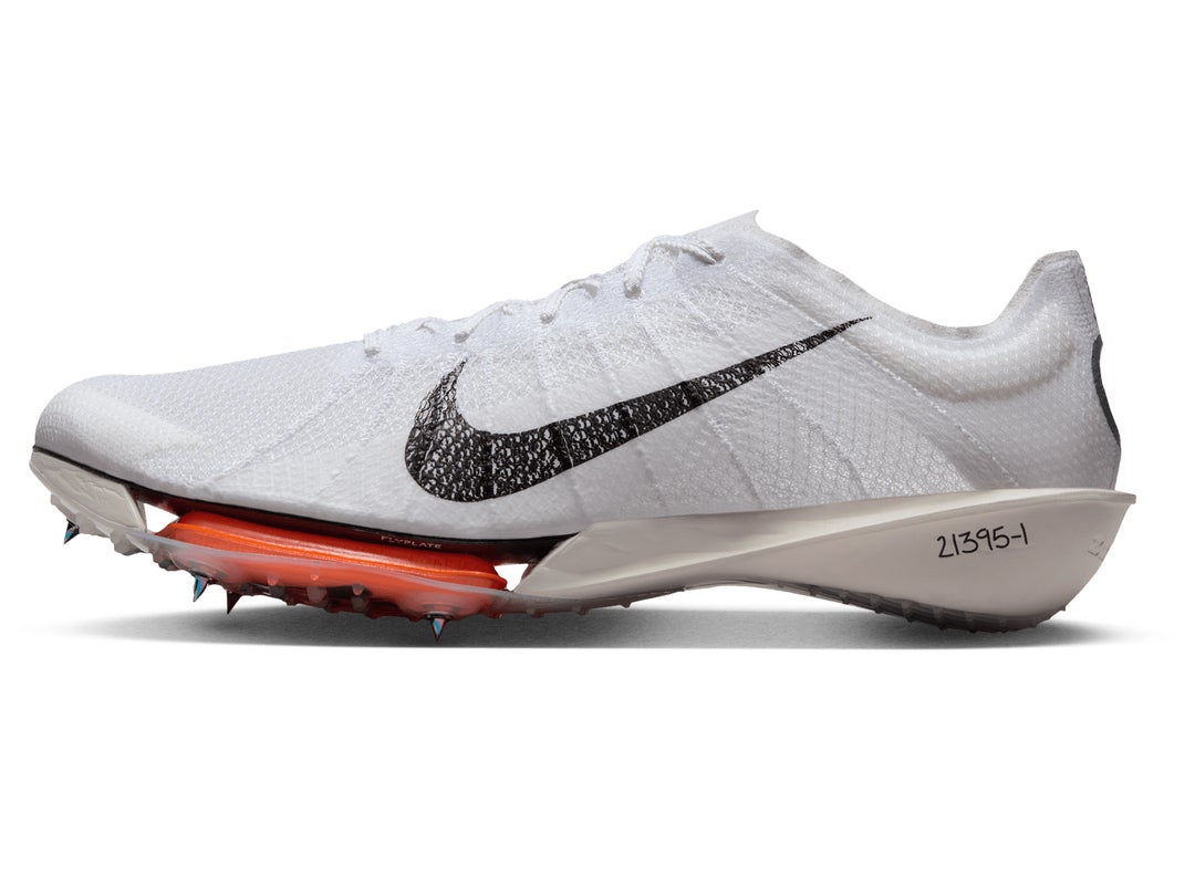 Lateral view of the Nike Air Zoom Victory 2 Spikes in white with black swoosh logo and orange air zoom unit in midsole