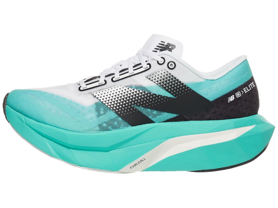 Side view of New Balance FuelCell SuperComp Elite v4 shoe in white and aqua blue color with black logo