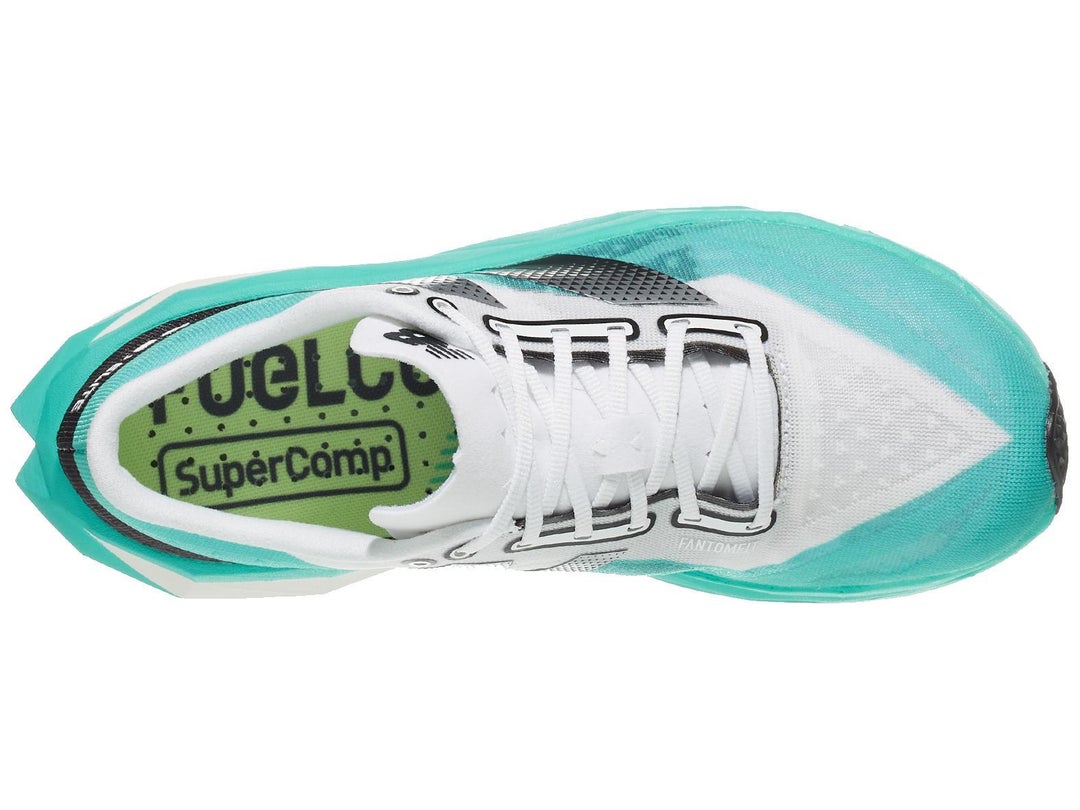 Top image of New Balance FuelCell SuperComp Elite v4 shoe in white and aqua blue color with black accents