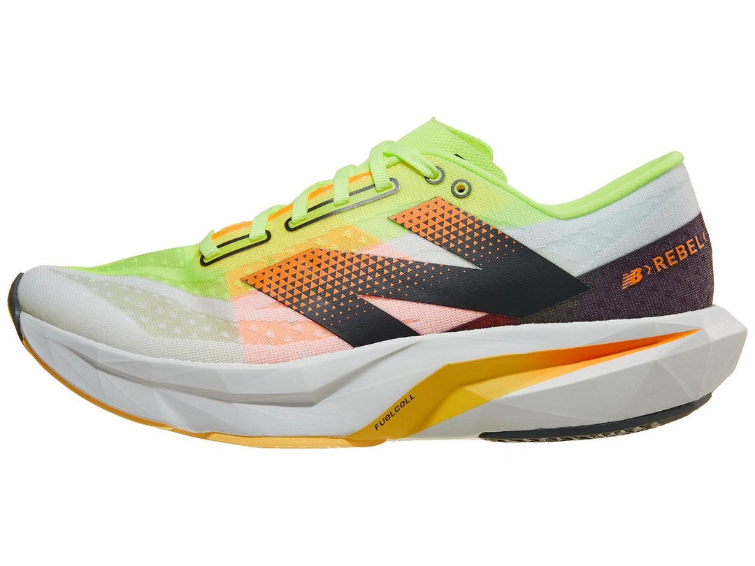 Side image of New Balance FuelCell Rebel in white color with yellow, orange accents and black logo