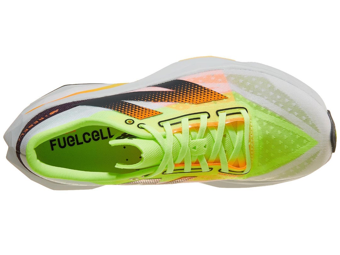 Top image of New Balance FuelCell Rebel in white color with yellow, orange accents and black logo