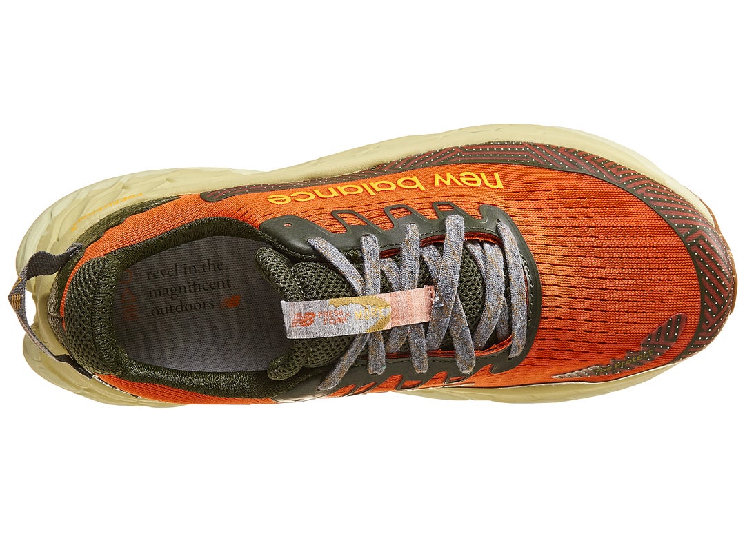 Top view of New Balance Fresh Foam More Trail X shoe, in burnt orange with yellow midsole