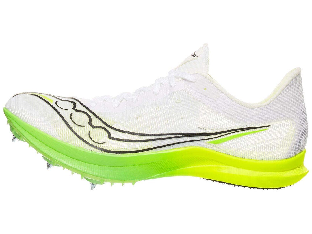 Lateral view of the Saucony Endorphin Cheetah spike in white with yellow and green accents.