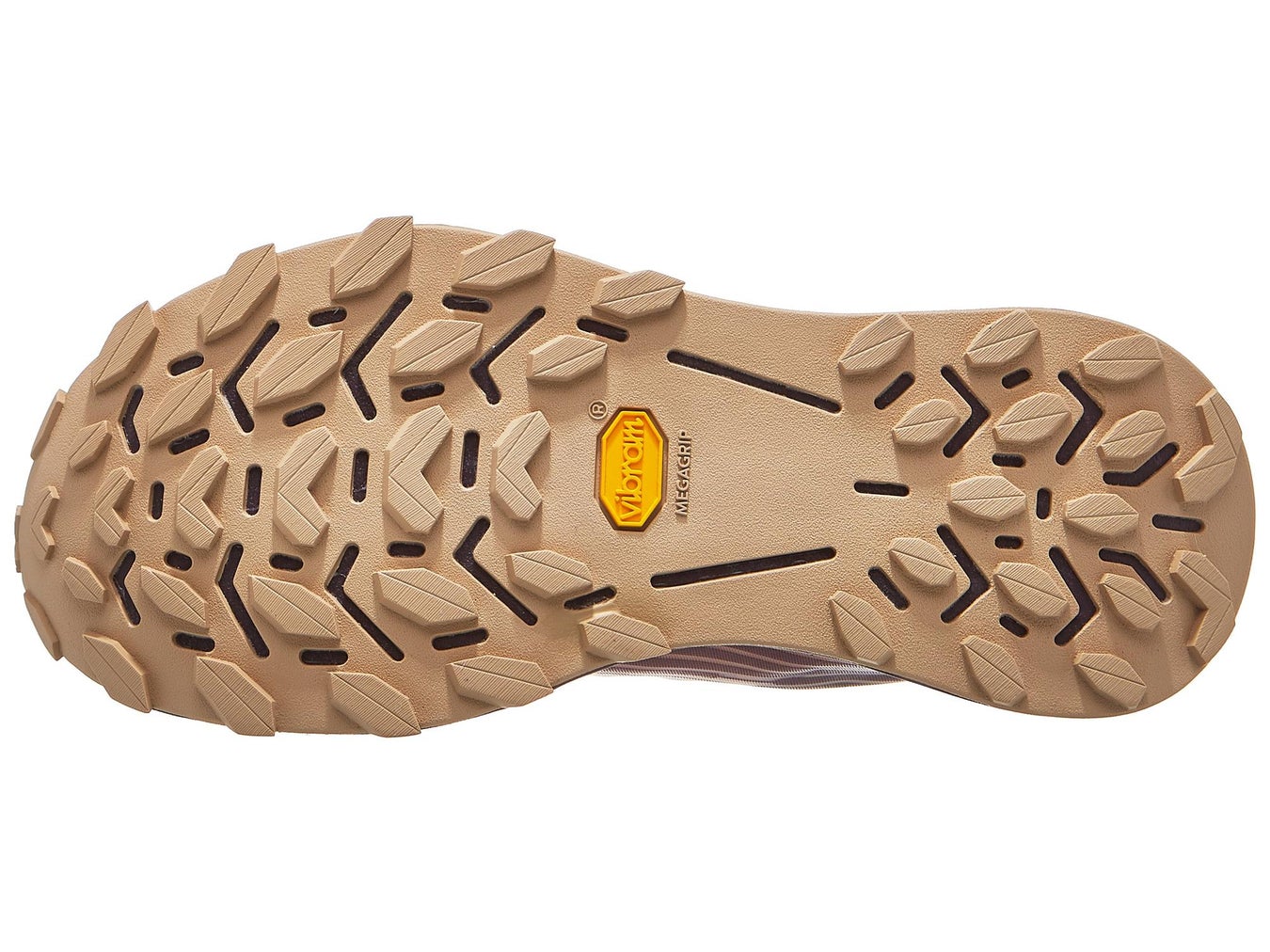 Outsole shot of women's beige-colored Cadi right shoe facing left, showing the Vibram Megagrip lug pattern