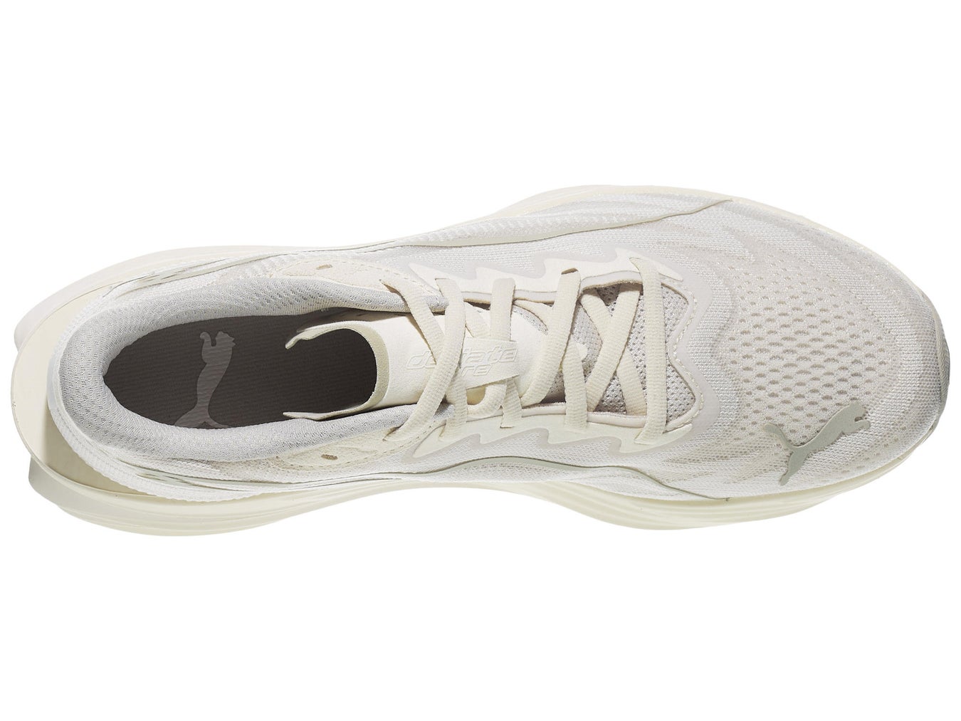 PUMA Deviate Pure, top view of left shoe facing right, in men's off-white alpine snow color