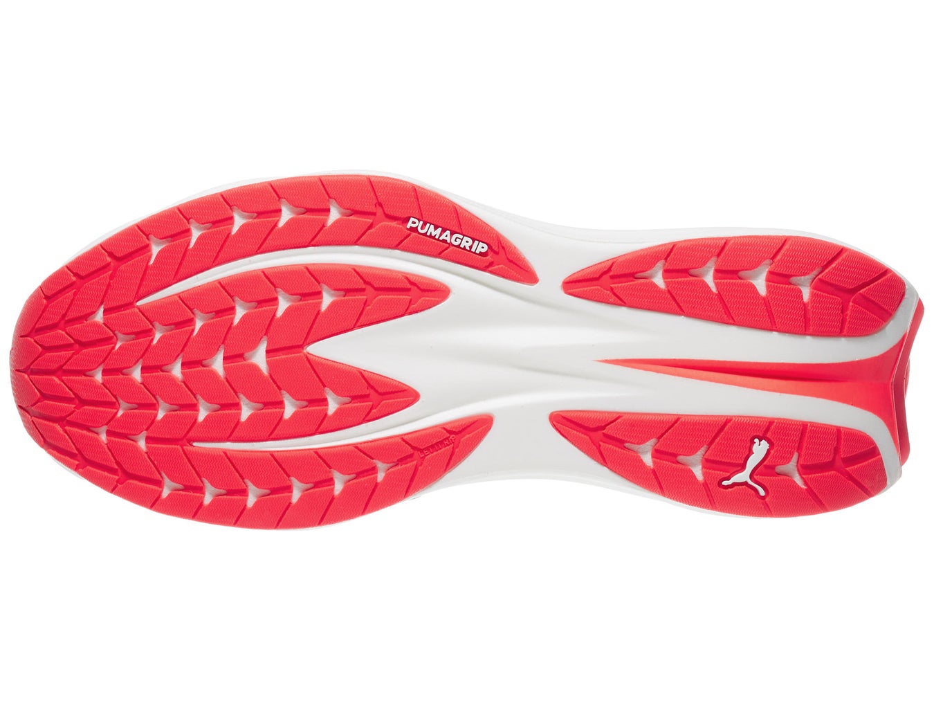 Outsole shot of PUMA Deviate Pure, left shoe facing left, in white/red colorway