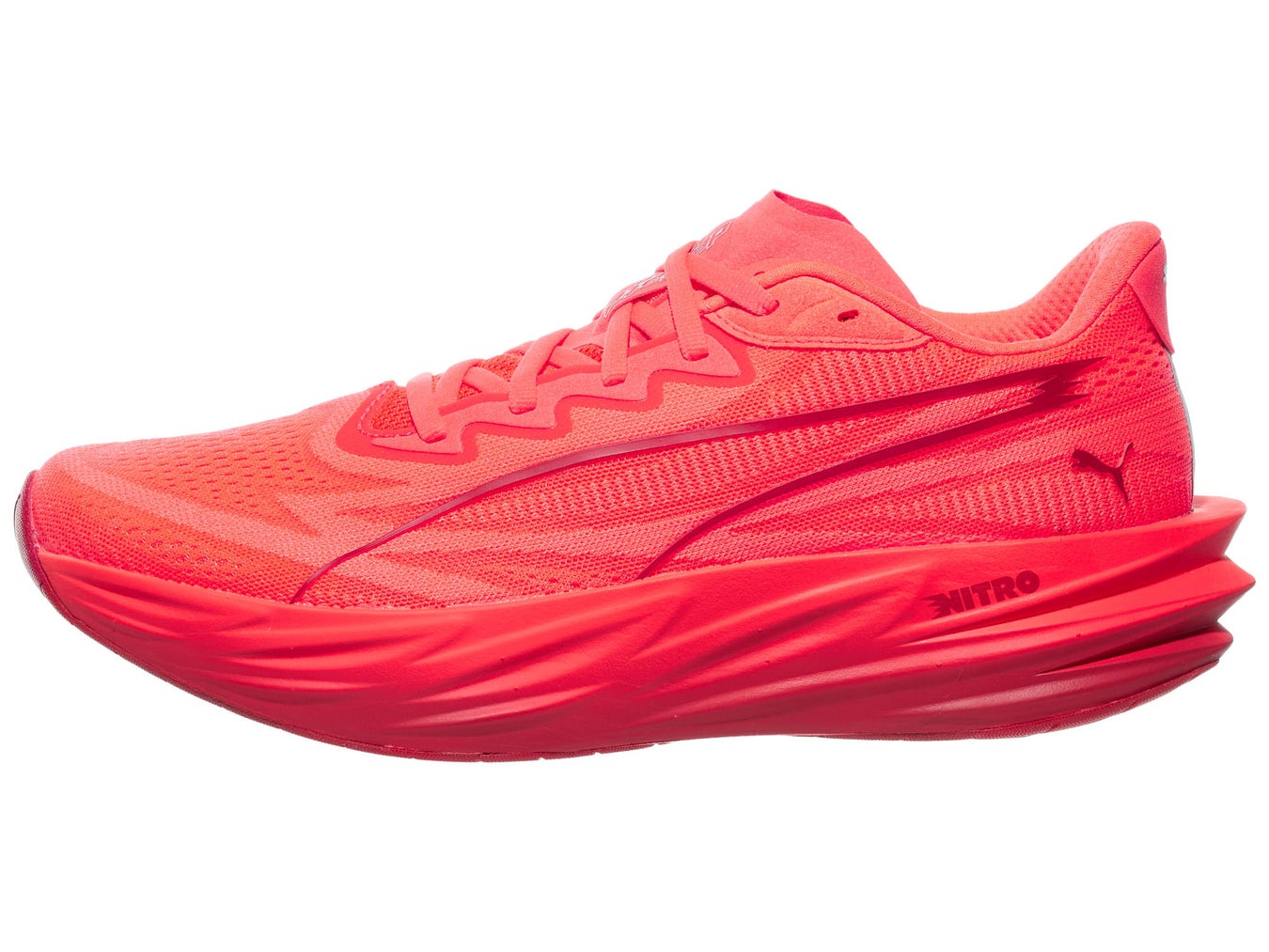 PUMA Deviate Pure left shoe facing left in men's vivid red colorway