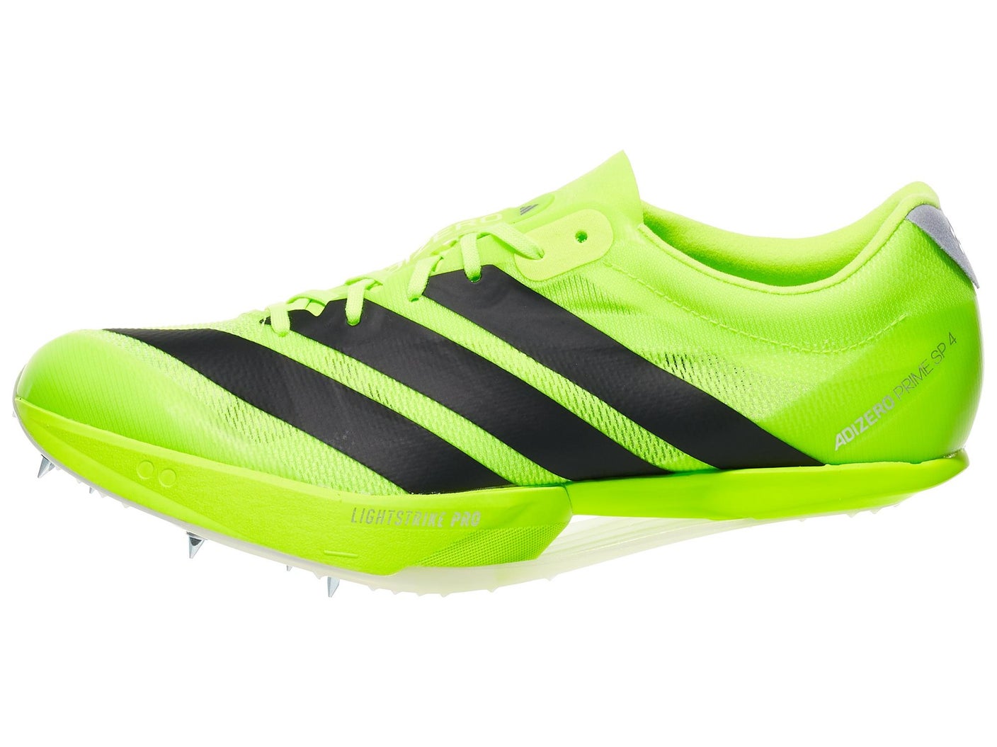 Bright neon green adidas adizero Prime SP 4 Strung running shoe with black stripes, sleek design, and spiked sole for track use. Conveys energy and high performance.