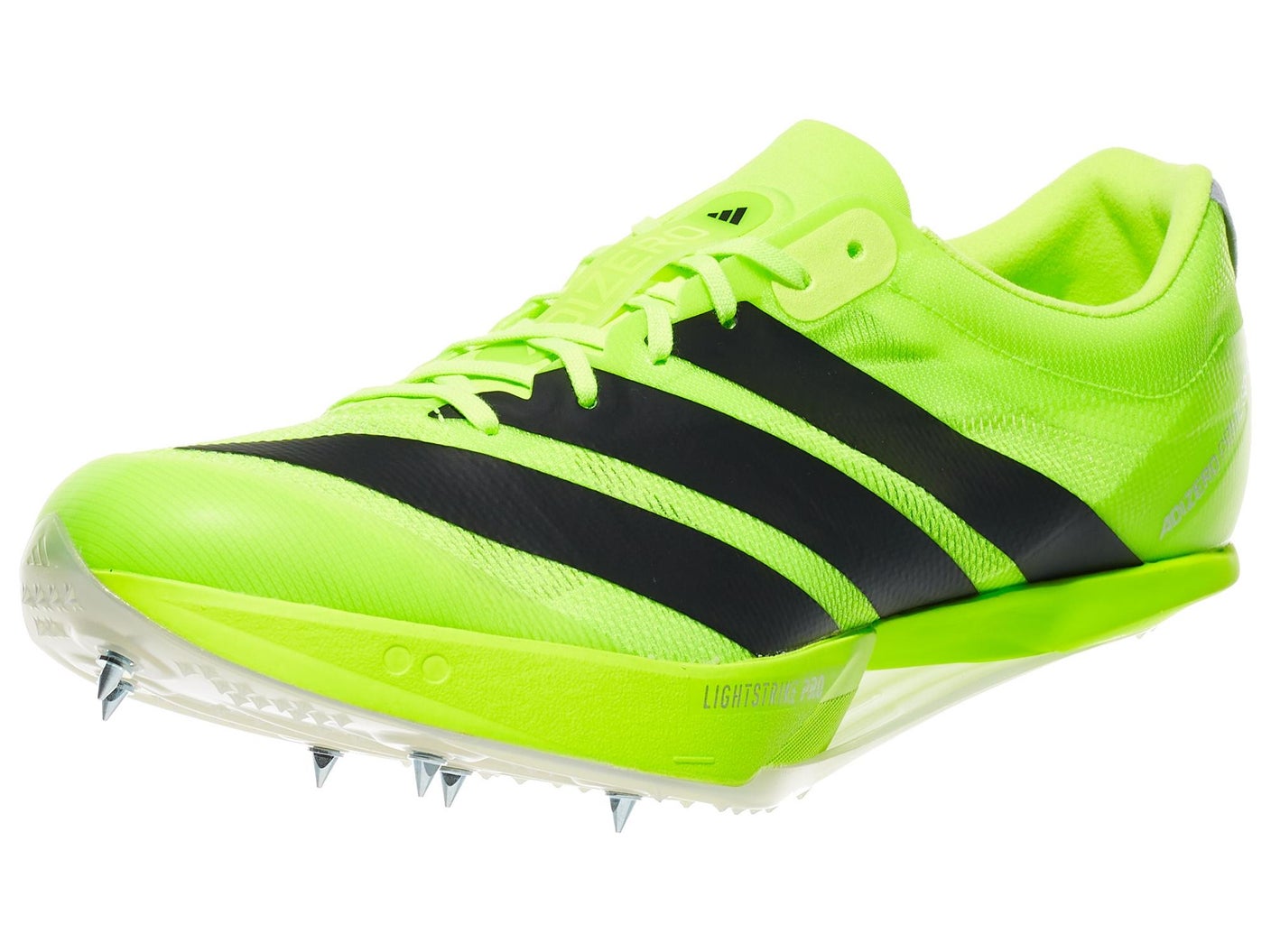 Bright neon green adidas adizero Prime SP 4 Strung running shoe with black stripes, sleek design, and spiked sole for track use. Conveys energy and high performance.