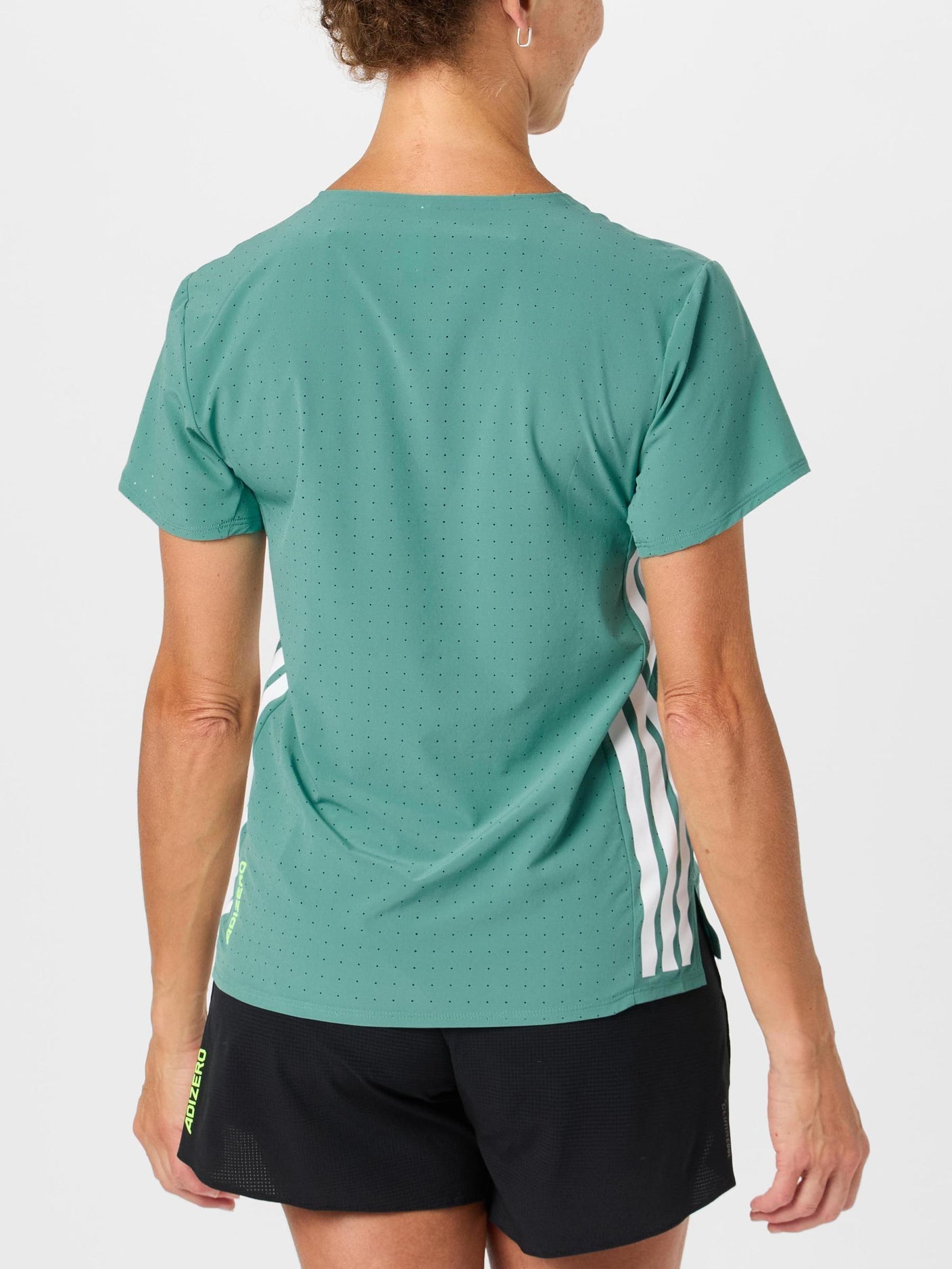 Back view of model wearing adidas Women's adizero Short Sleeve Tee in powder teal color
