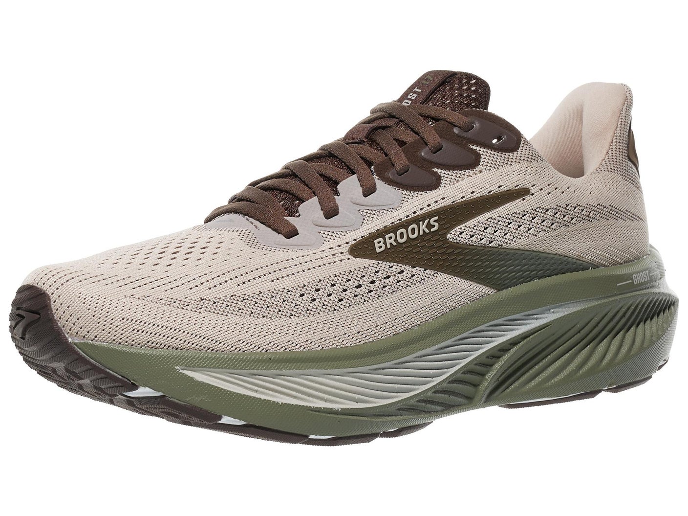 Angled view of Men's Brooks Ghost 17 running shoe in Chateau Gray/Brown/Olive color
