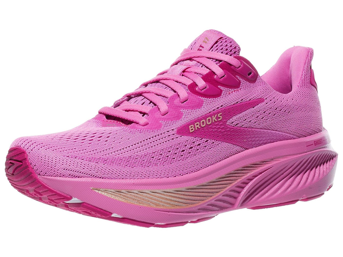 Angled view of Women's Brooks Ghost 17 running shoe in Pink/Fuchsia/Gold color