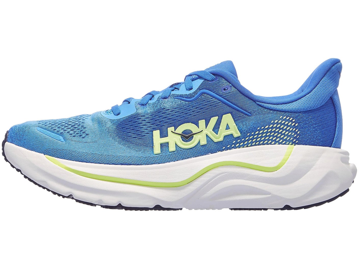 Men's Arahi blue, green, and white right shoe facing right