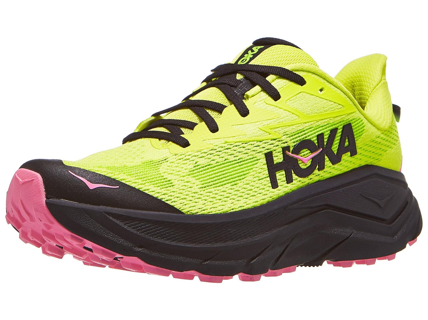 Angled view of HOKA Challenger 8 trail running shoe in Neon Hoka Citrus/Black color