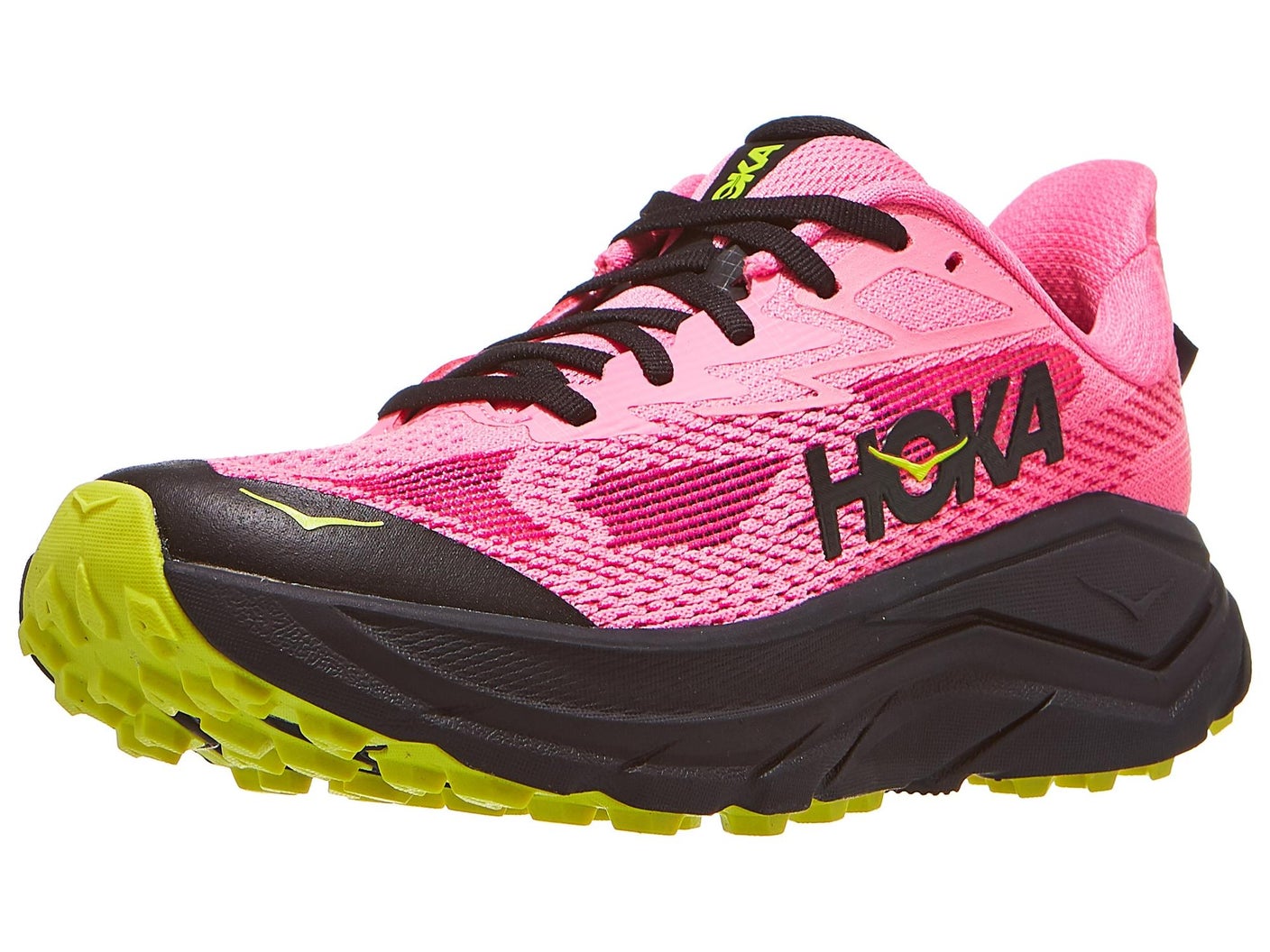 Angled view of HOKA Challenger 8 trail running shoe in Neon Rose/Black color
