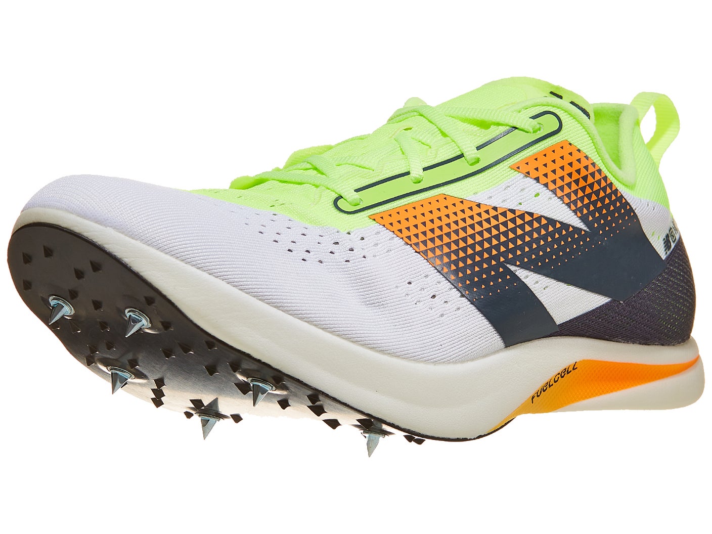 Brightly colored New Balance FuelCell SuperComp MD-X v3 track shoe with neon green and white mesh, featuring orange accents and spikes. Stylish and sporty, designed for performance.