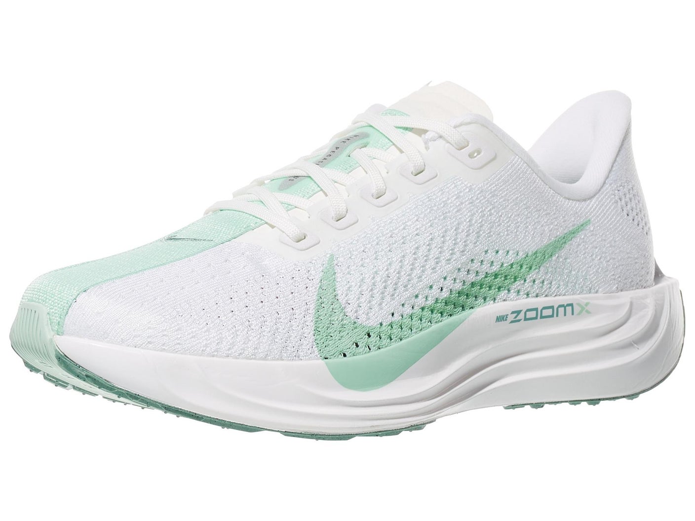 Angled view of Nike Women's Pegasus Plus running shoe in White/Mint Foam/Cannon color