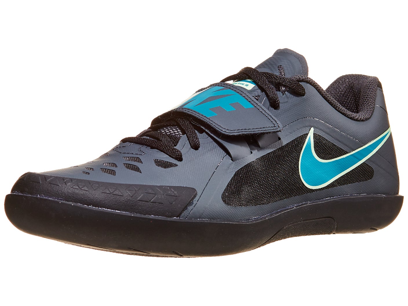 Angled view of Nike Zoom Rival SD throw shoe in blue color orange and white swoosh