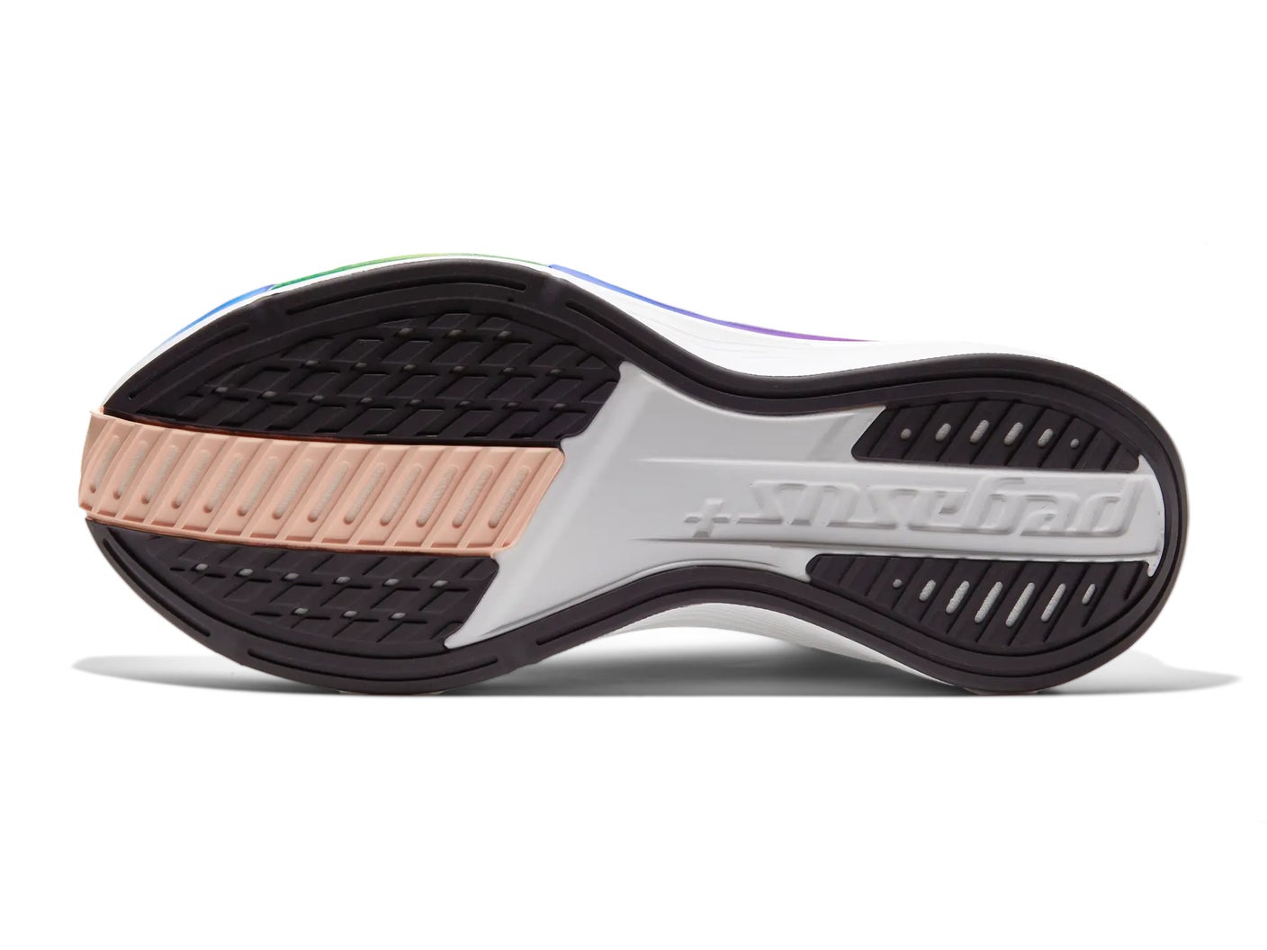 Bottom view of Nike Pegasus Plus 2 in a White/Purple/Volt/Fusia colorway