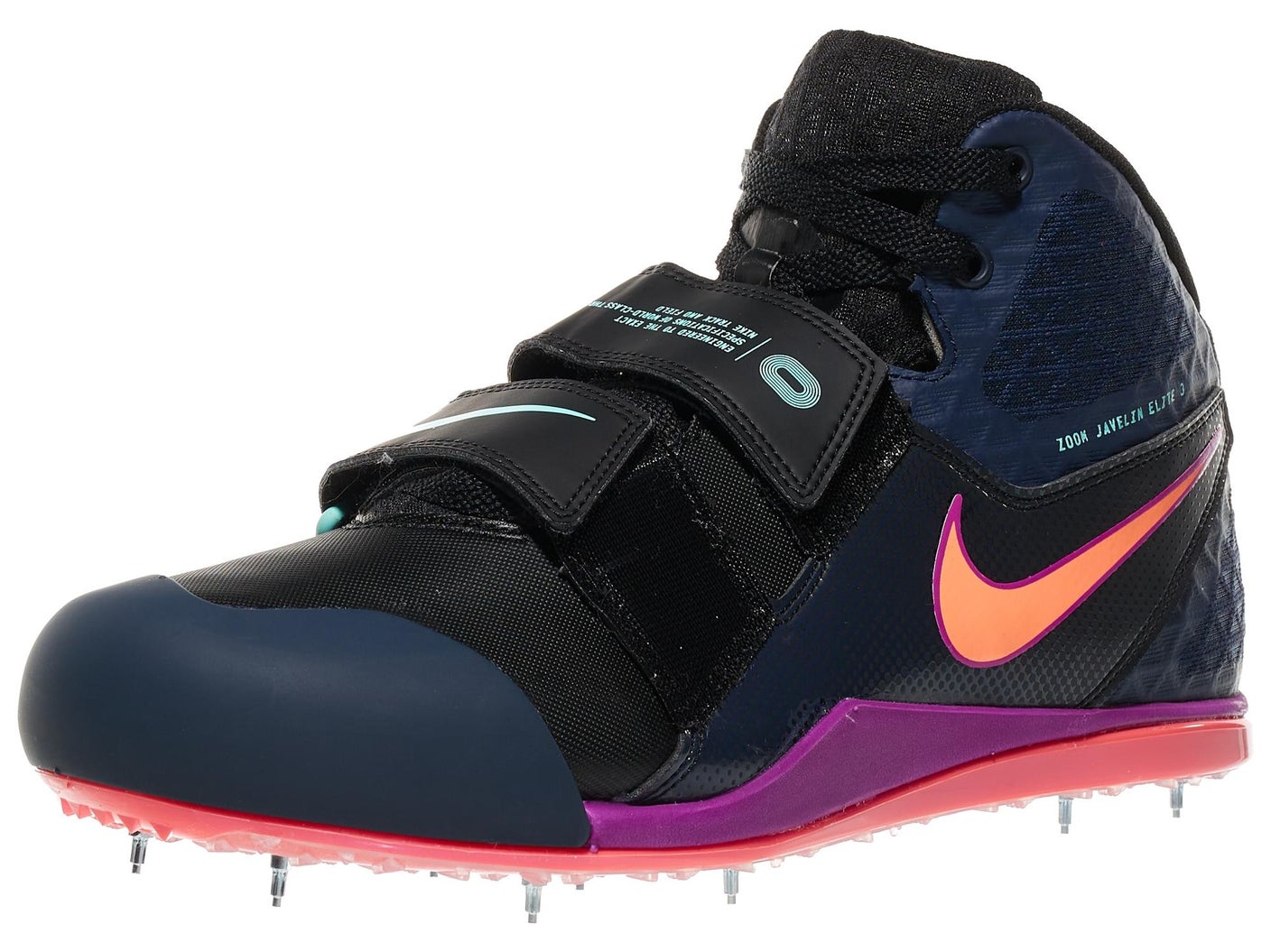 Side view of Nike Zoom Javelin Elite 3 spike in black/orange colorway