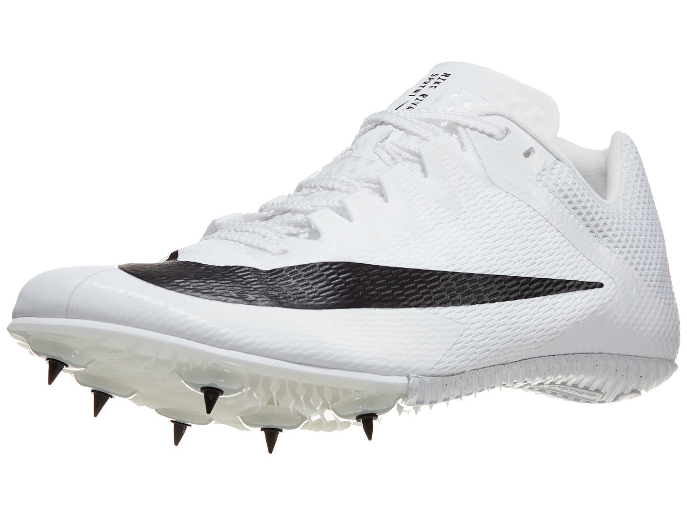 White athletic Nike Zoom Rival Sprint track shoe with a black swoosh, featuring a sleek design and spiked sole for grip. The shoe conveys speed and performance.