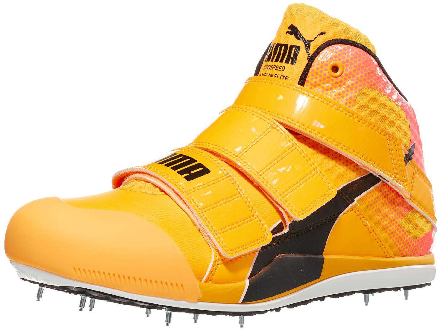 Angled view of PUMA evoSPEED Javelin Elite 2.0 Spikes in yellow and pink color