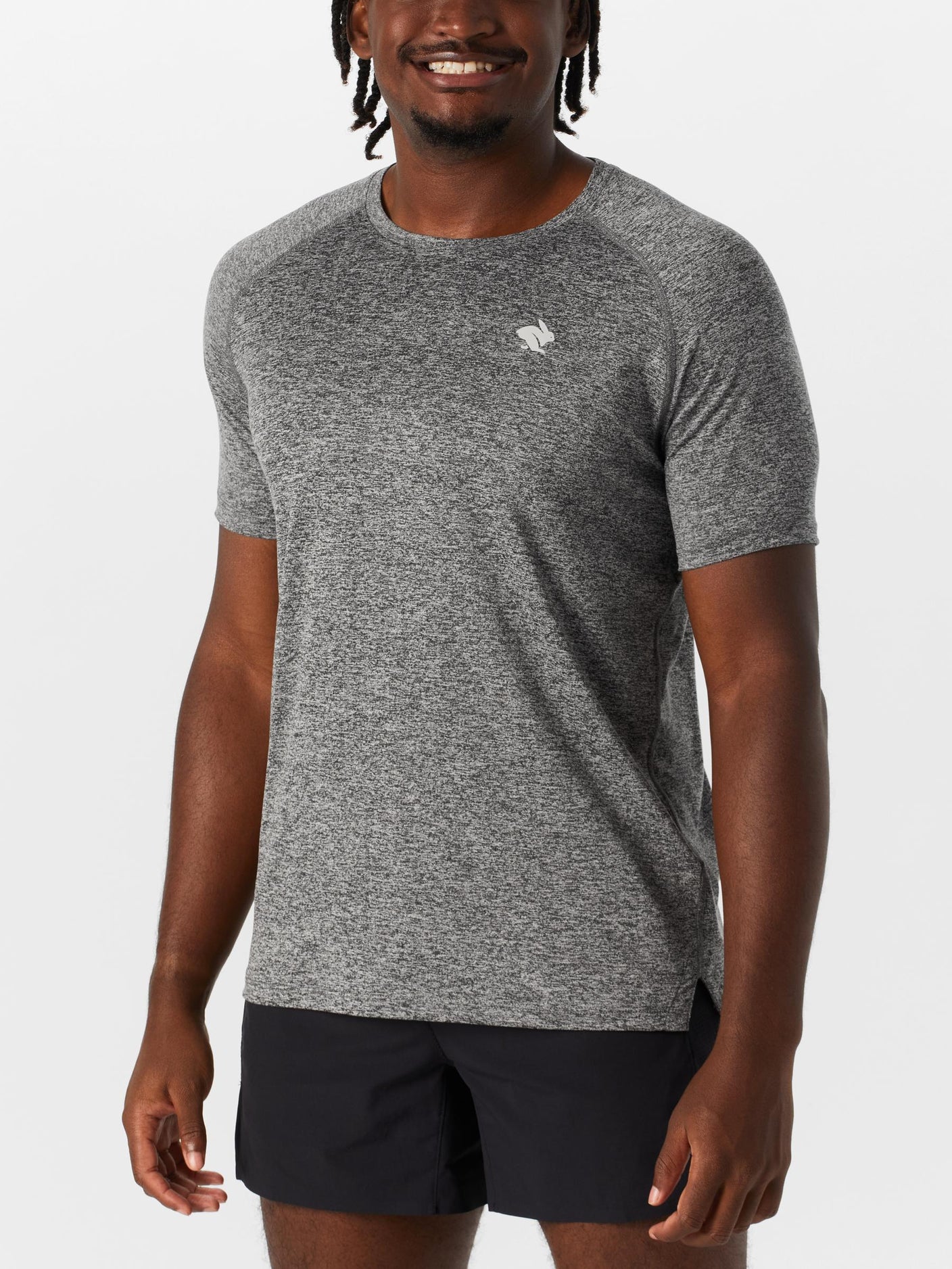 Front view of model wearing Rabbit Men's EZ Tee Short Sleeve in light gray color