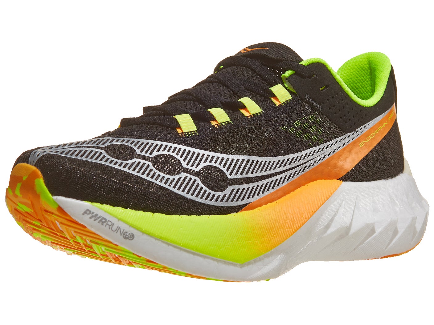 Angled view of Saucony Endorphin Pro 4 running shoe in Black/VO2 color