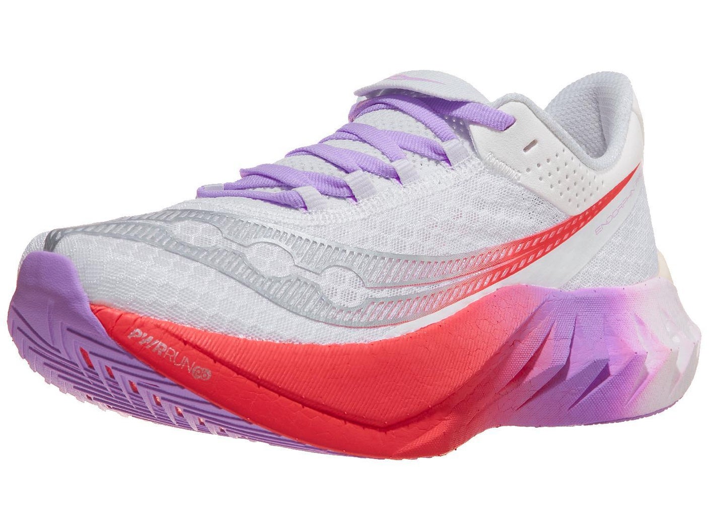 Angled view of Saucony Endorphin Pro 4 running shoe in white/crocus color