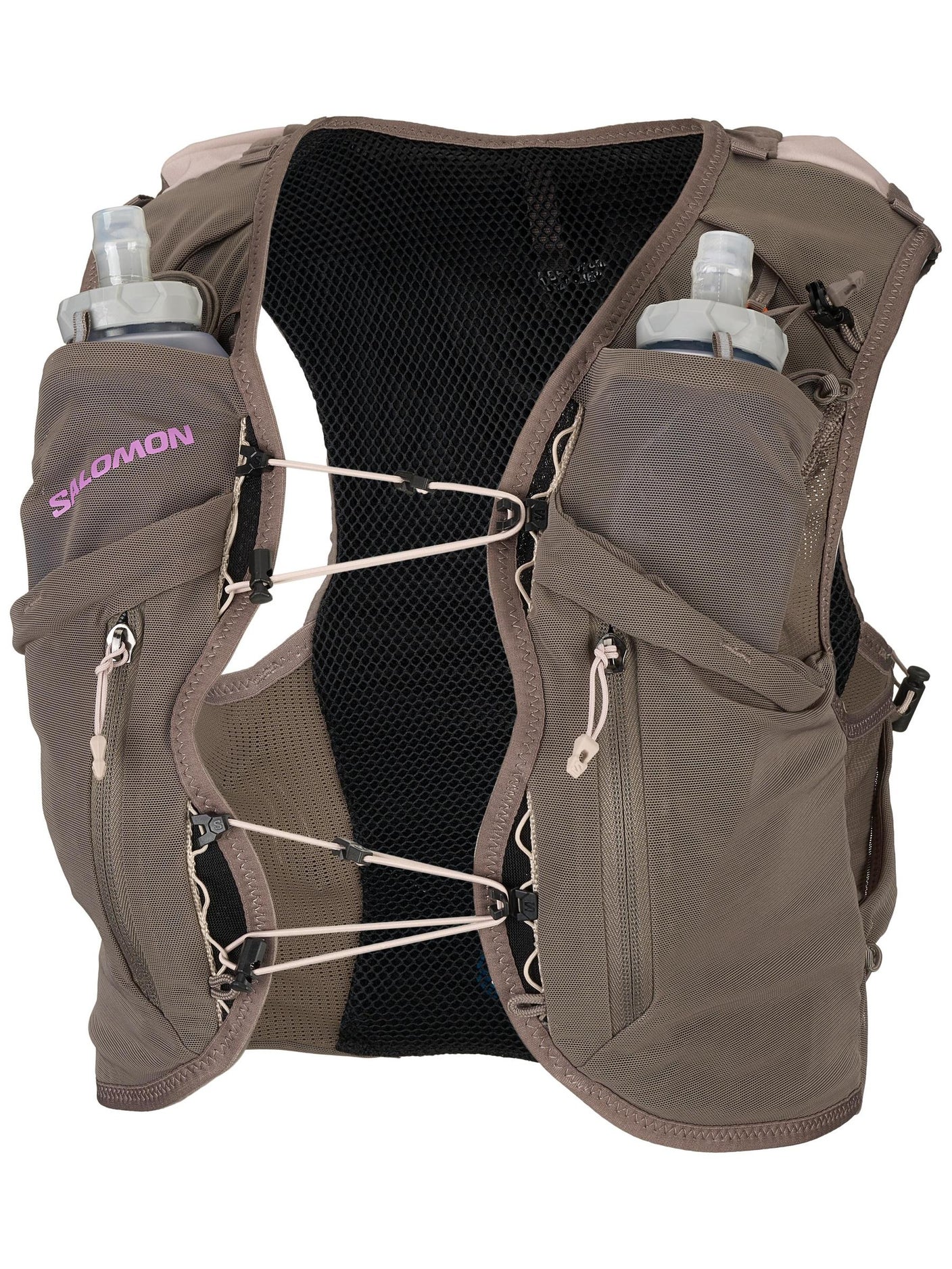 Front view of Salomon Women's ADV Skin Set Hydration vest in khaki and white color
