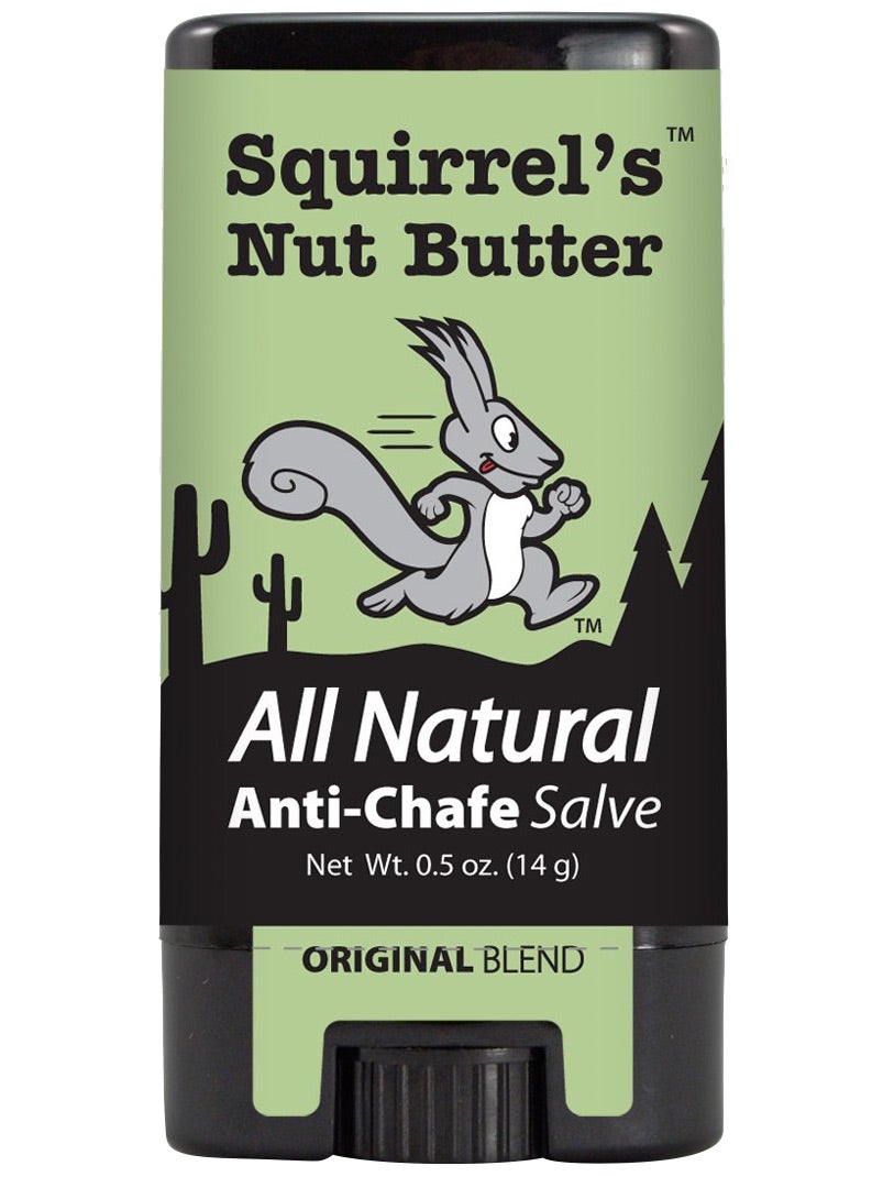 Stick of Squirrel's Nut Butter Anti-Chafe Salve with black and light green packaging