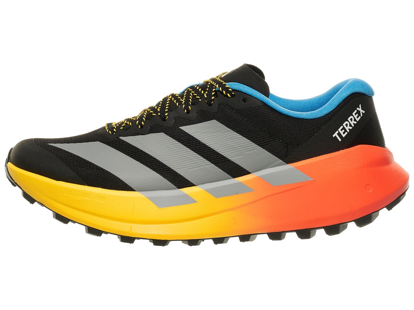 Lateral view of men's adidas Terrex Agravic SL shoe in a black, grey and orange colorway