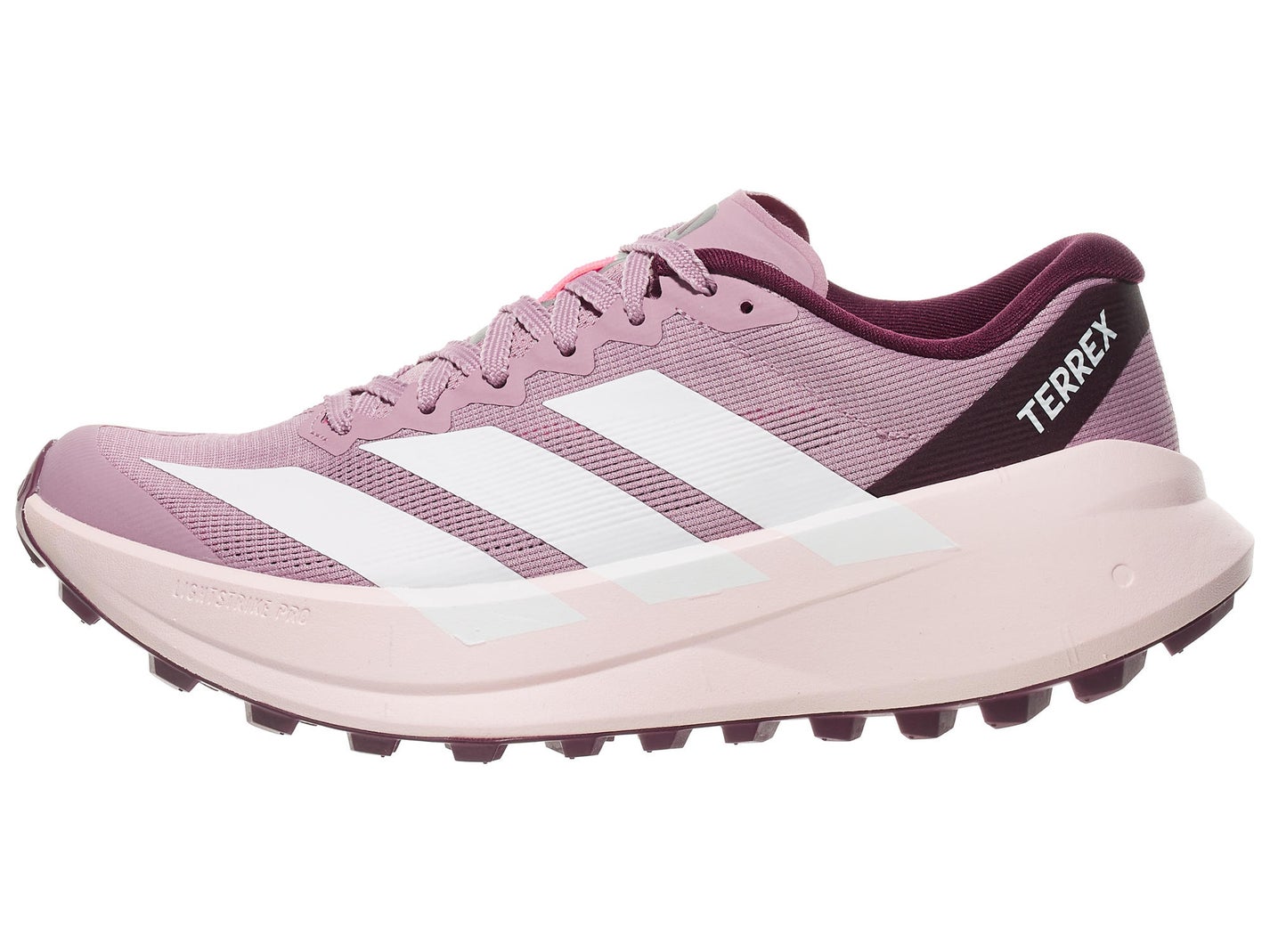 Lateral view of women's adidas Terrex Agravic SL shoe in a mauve, white, maro colorway