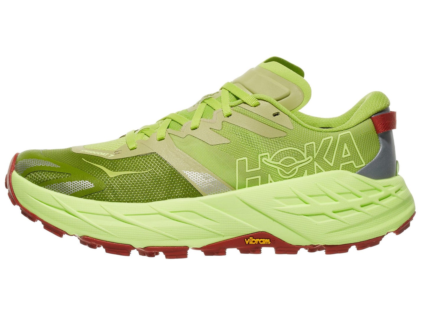 HOKA Speedgoat 7 Men's left shoe facing left in a Kiwi/Neon Yuzu colorway