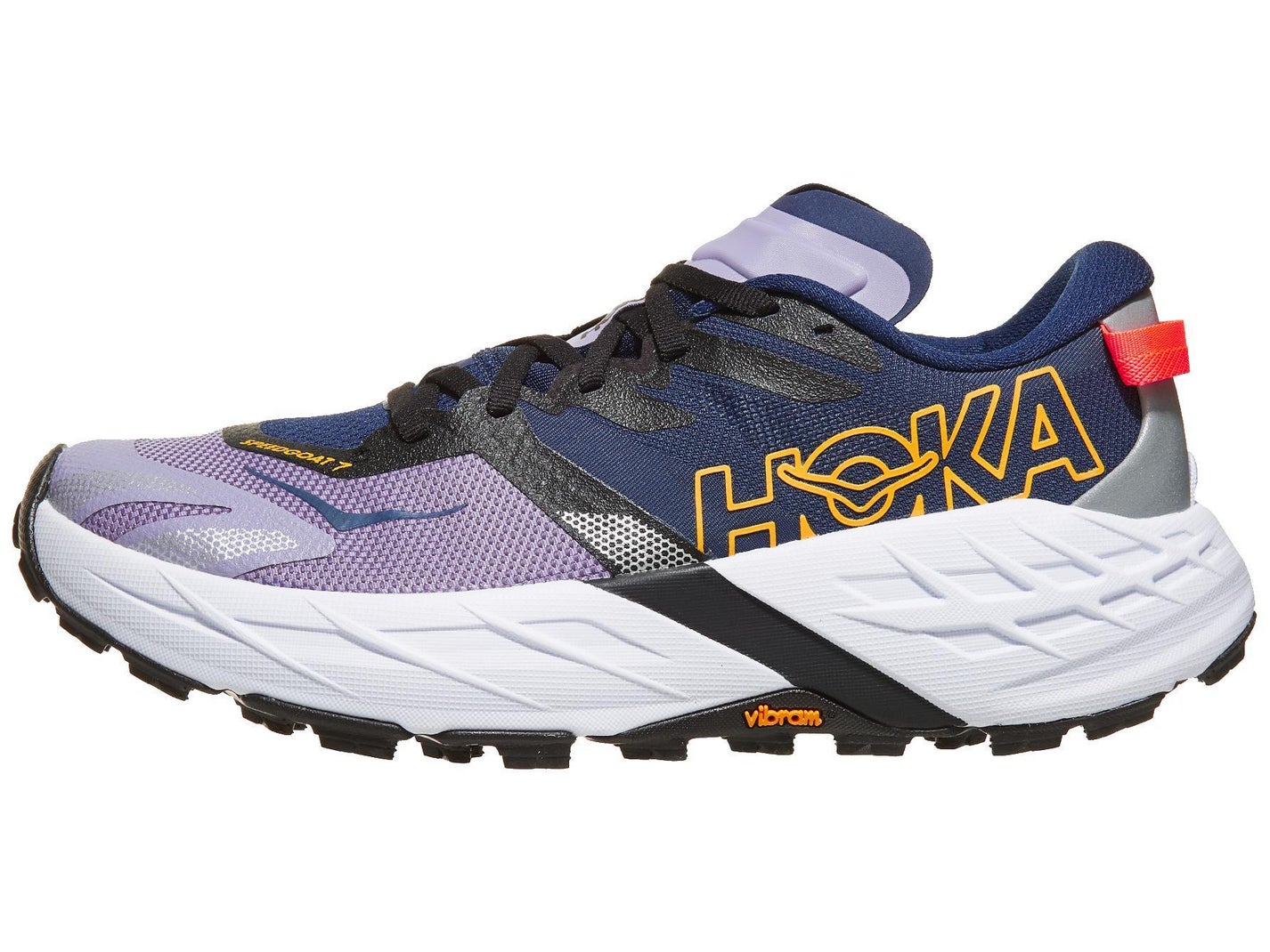 HOKA Speedgoat 7 Women's left shoe facing left in a berry jam/starlight glow colorway