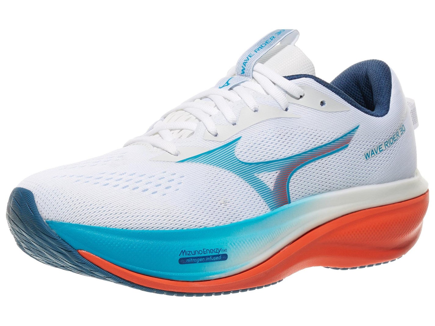 Lateral view of Men's Mizuno Wave Rider 30 in a White/Blue Jewel colorway