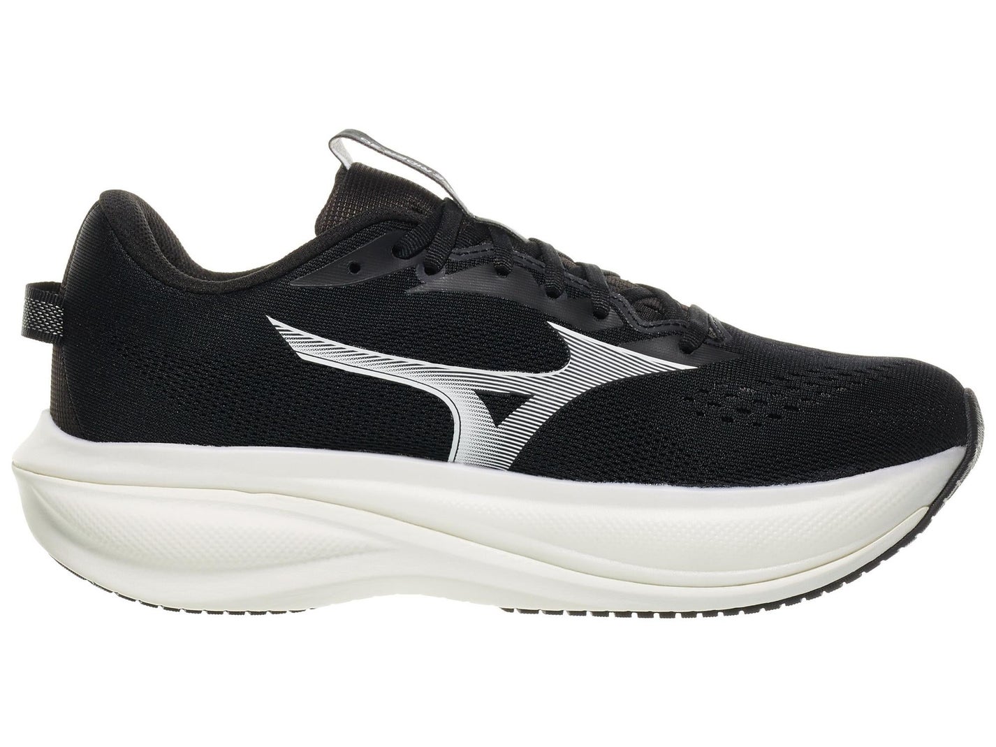 Medial view of Men's Mizuno Wave Rider 30 in Black/White colorway